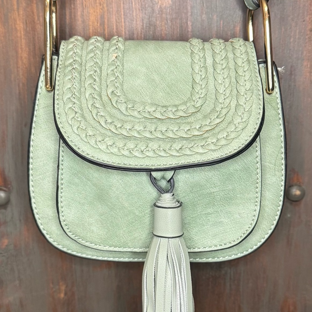 Boho Sage Green Braided Tassel Crossbody Bag